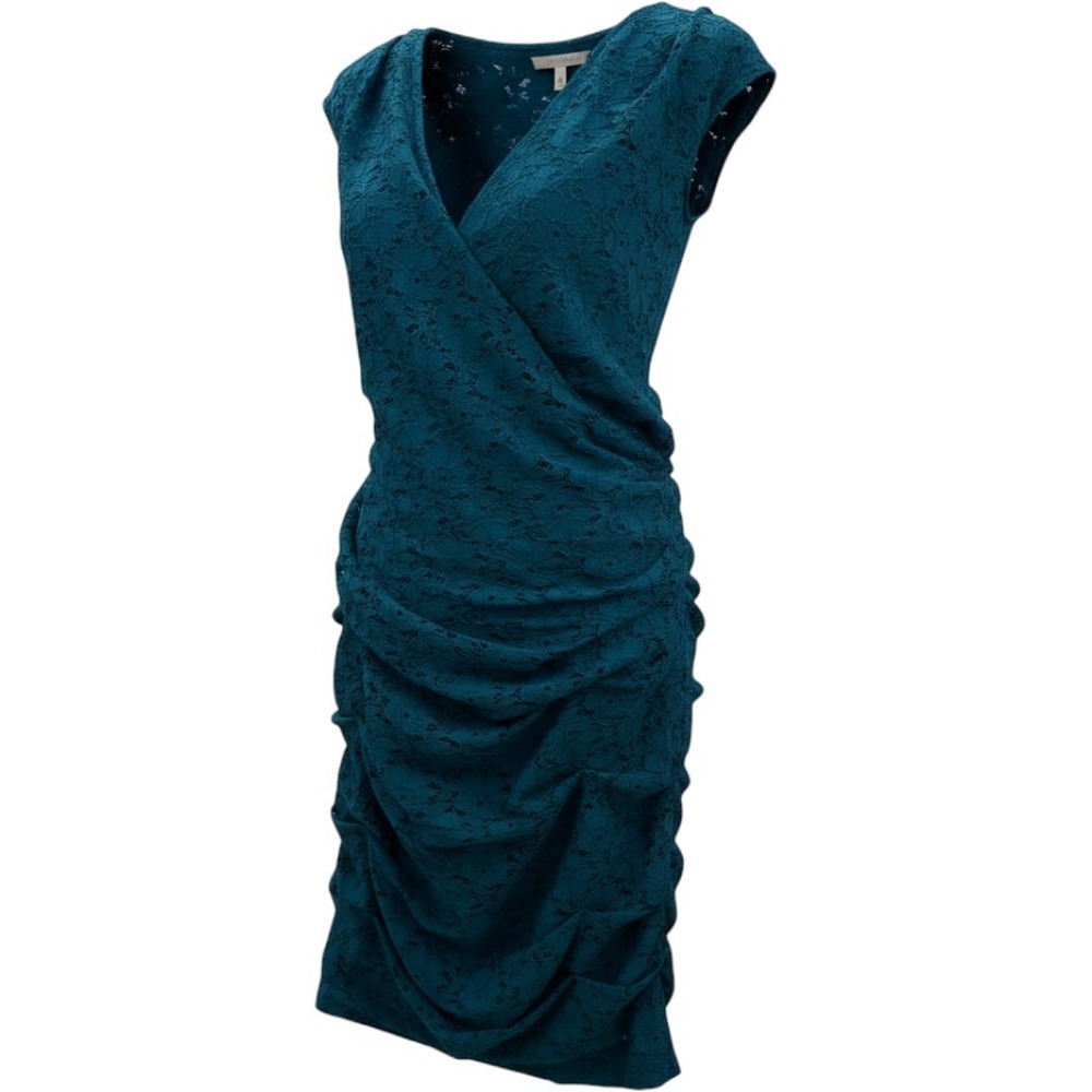 Adrianna Papell Lace Sheath Dress Womens 14 Teal NEW Ruched V-Neck 012244790